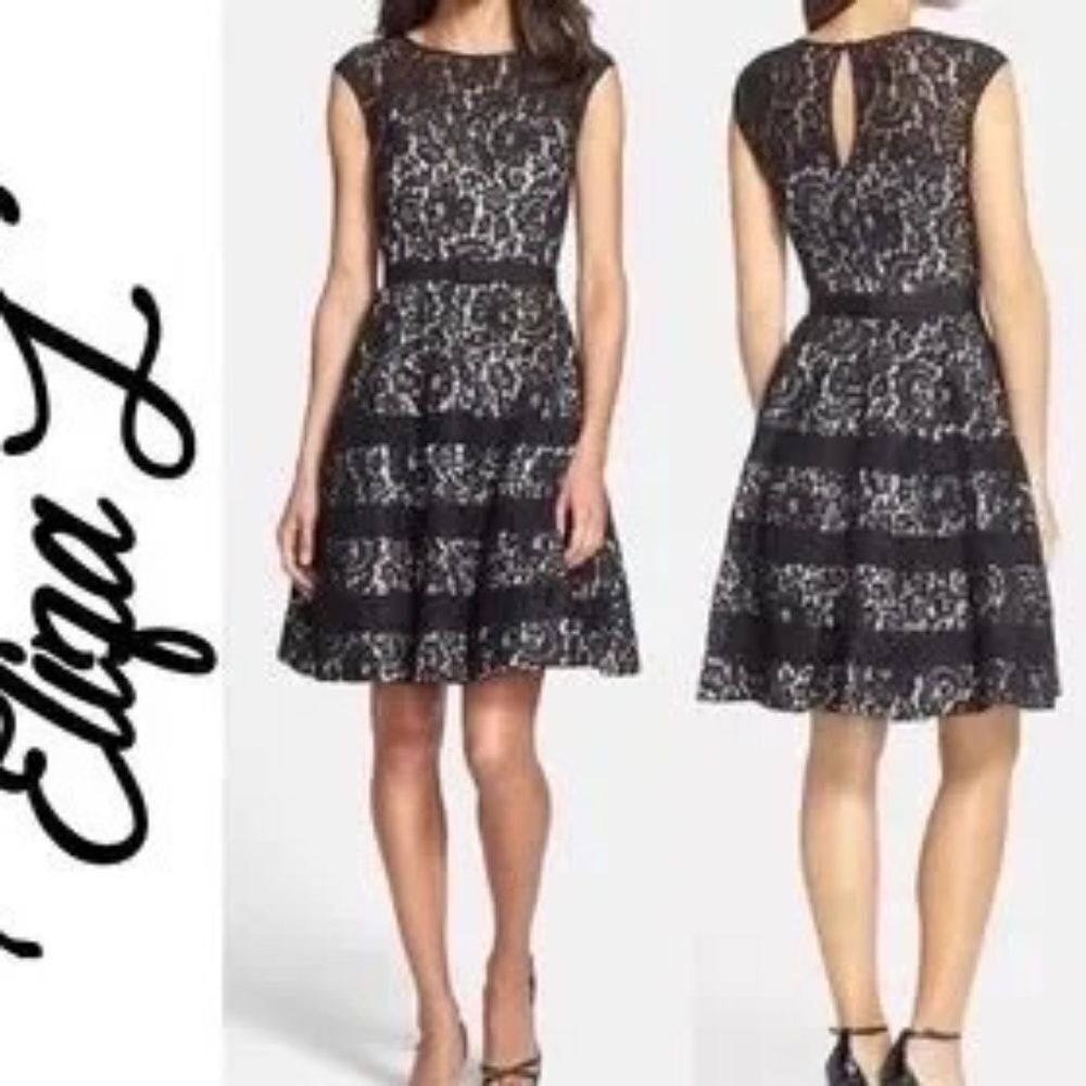 Eliza J Black Lace Belted Cap Sleeve Fit & Flare Dress Sz 16